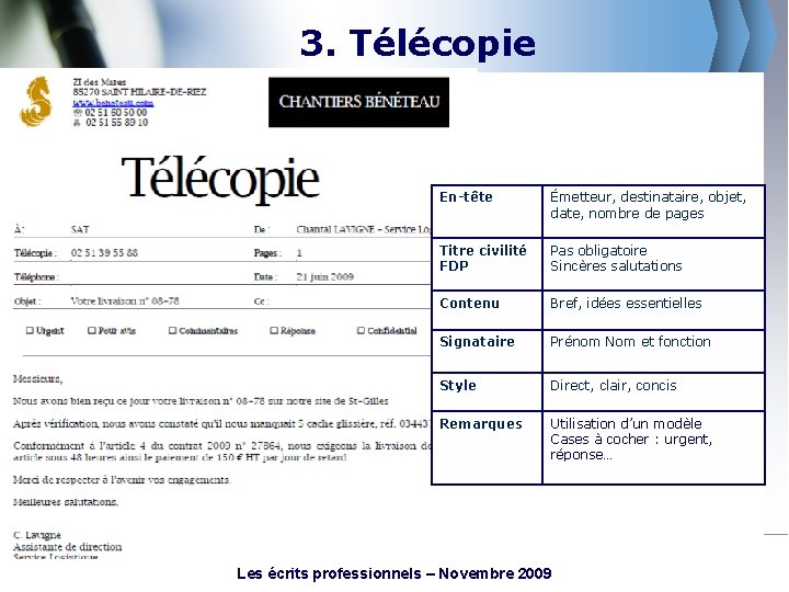 3. Télécopie En-tête Émetteur, destinataire, objet, date, nombre de pages Titre civilité FDP Pas