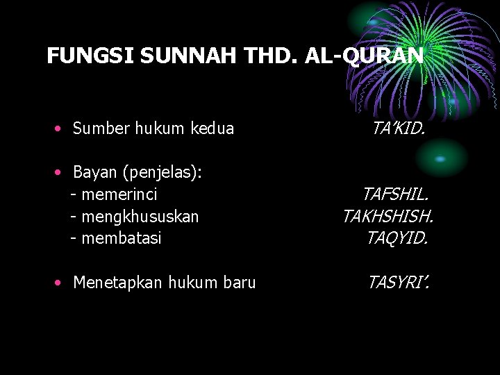 FUNGSI SUNNAH THD. AL-QURAN • Sumber hukum kedua • Bayan (penjelas): - memerinci -