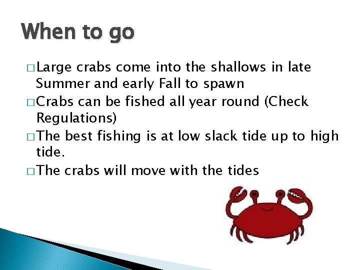 When to go � Large crabs come into the shallows in late Summer and