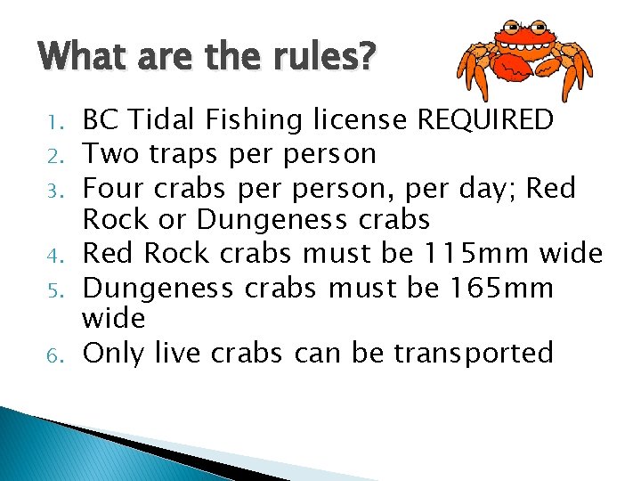 What are the rules? 1. 2. 3. 4. 5. 6. BC Tidal Fishing license