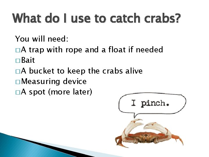 What do I use to catch crabs? You will need: � A trap with