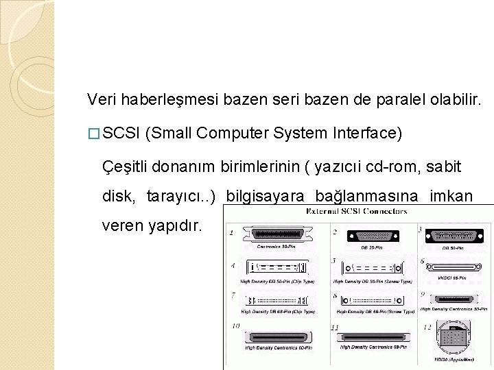 Veri haberleşmesi bazen seri bazen de paralel olabilir. � SCSI (Small Computer System Interface)