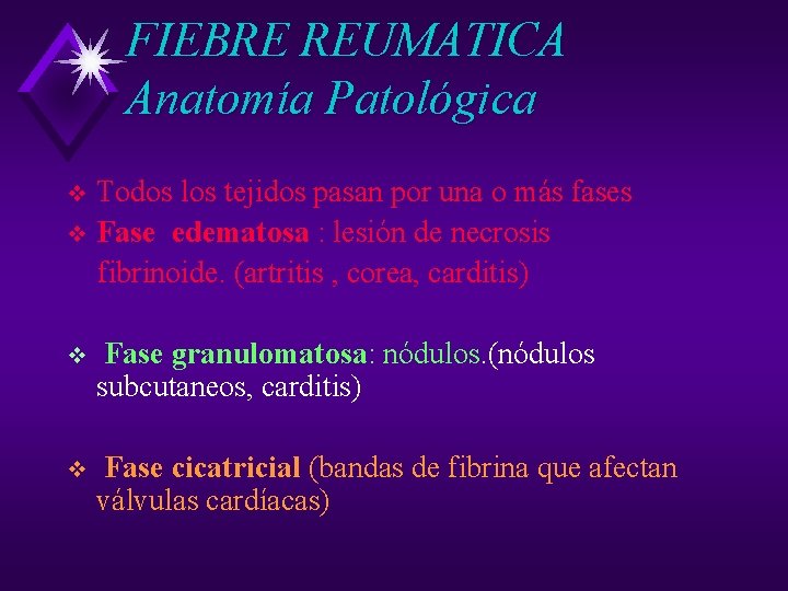FIEBRE REUMATICA Anatomía Patológica Todos los tejidos pasan por una o más fases v