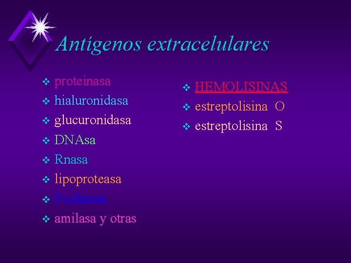 Antígenos extracelulares proteinasa v hialuronidasa v glucuronidasa v DNAsa v Rnasa v lipoproteasa v