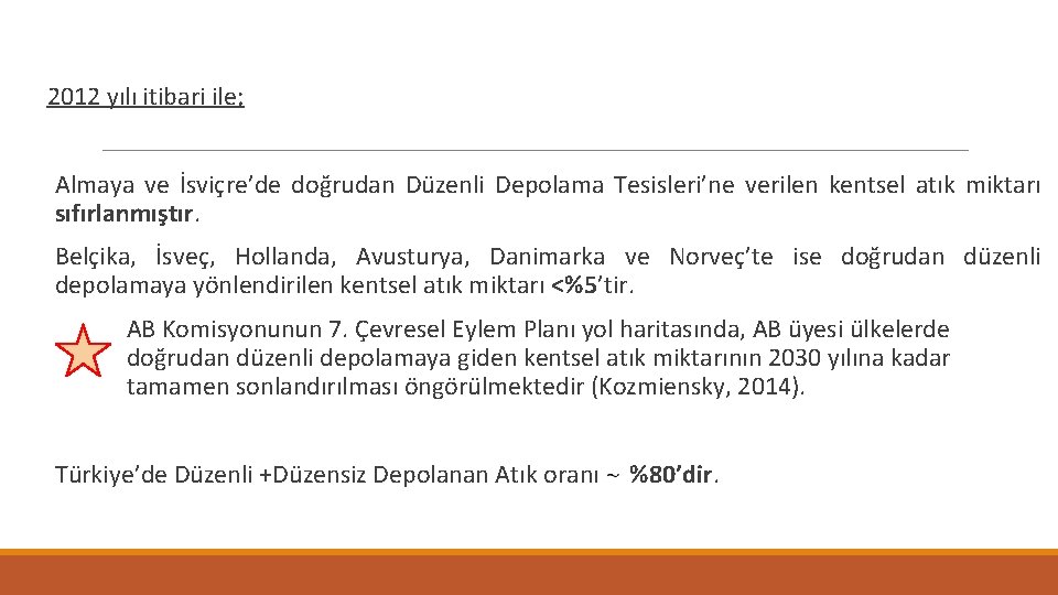 2012 yılı itibari ile; Almaya ve İsviçre’de doğrudan Düzenli Depolama Tesisleri’ne verilen kentsel atık