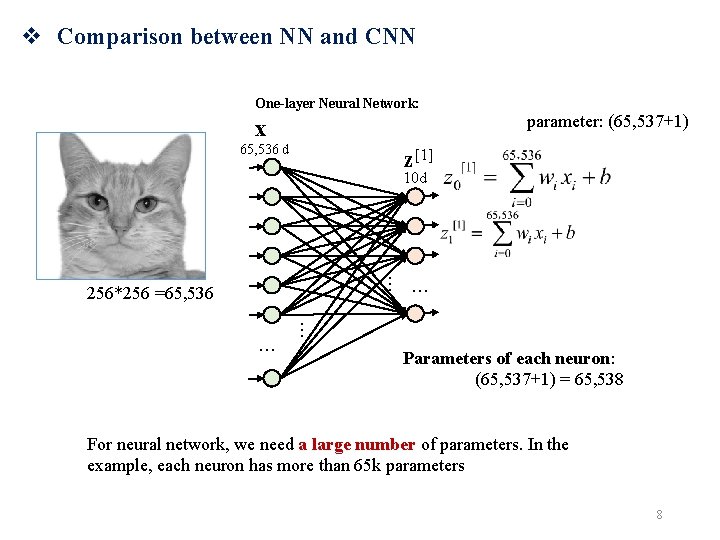 v Comparison between NN and CNN One-layer Neural Network: x 65, 536 d parameter:
