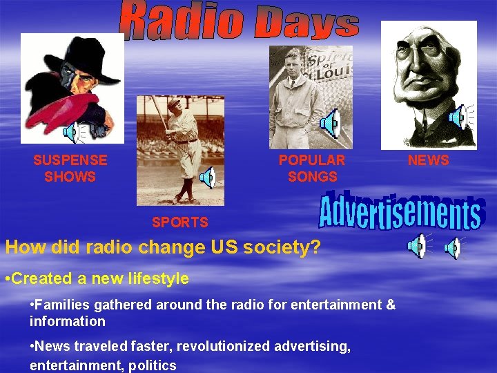 SUSPENSE SHOWS POPULAR SONGS SPORTS How did radio change US society? • Created a