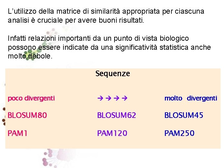 L’utilizzo della matrice di similarità appropriata per ciascuna analisi è cruciale per avere buoni