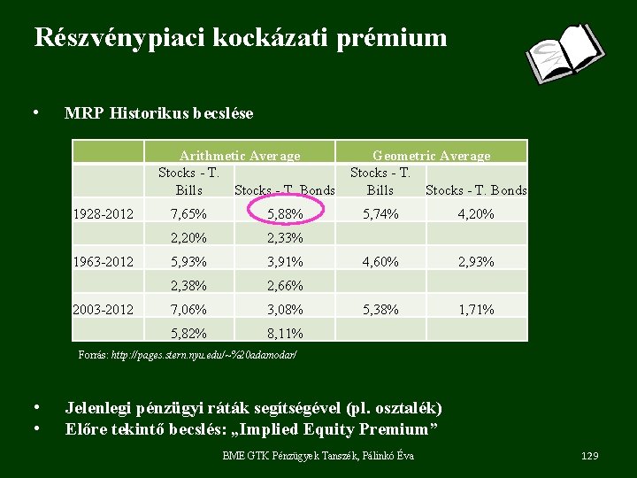 Részvénypiaci kockázati prémium • MRP Historikus becslése Arithmetic Average Stocks - T. Bills Stocks