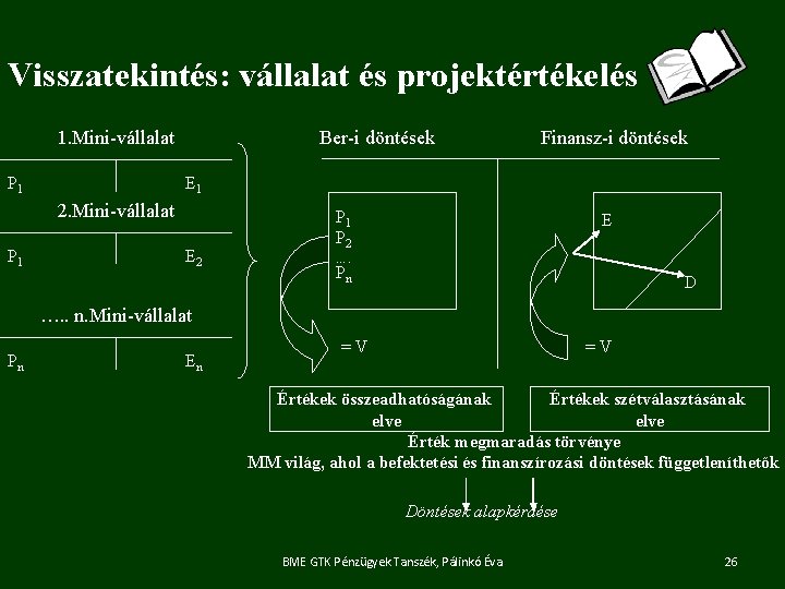 Visszatekintés: vállalat és projektértékelés 1. Mini-vállalat P 1 Ber-i döntések E 1 2. Mini-vállalat