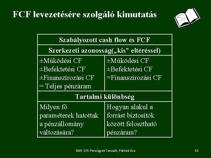 FCF levezetésére szolgáló kimutatás Szabályozott cash flow és FCF Szerkezeti azonosság(„kis” eltéréssel) ±Működési CF