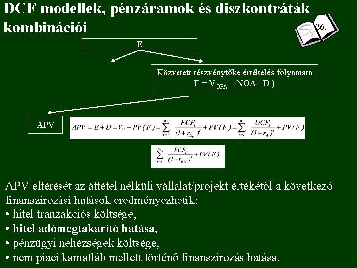 DCF modellek, pénzáramok és diszkontráták 26. kombinációi E Közvetett részvénytőke értékelés folyamata E =