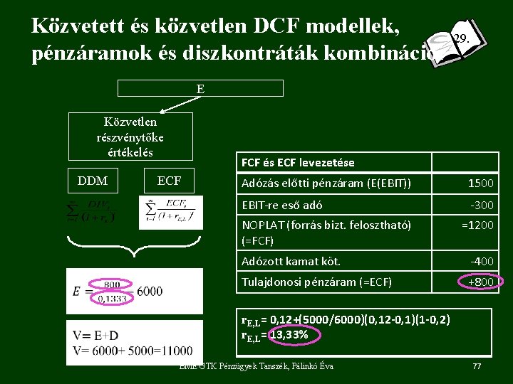 Közvetett és közvetlen DCF modellek, pénzáramok és diszkontráták kombinációi 29. E Közvetlen részvénytőke értékelés