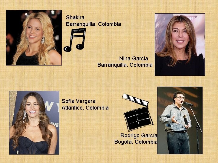 Shakira Barranquilla, Colombia Nina Garcia Barranquilla, Colombia Sofía Vergara Atlántico, Colombia Rodrigo García Bogotá,