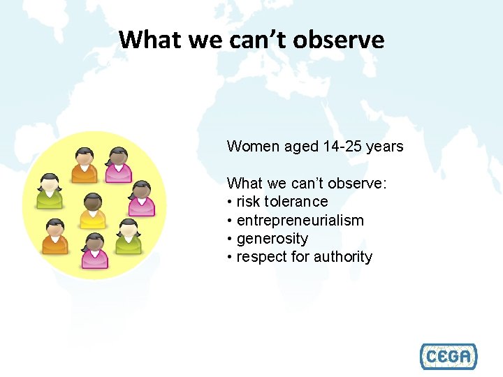 What we can’t observe Women aged 14 -25 years What we can’t observe: •