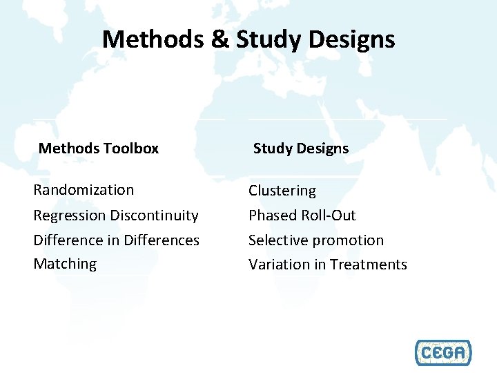Methods & Study Designs Methods Toolbox Study Designs Randomization Clustering Regression Discontinuity Difference in