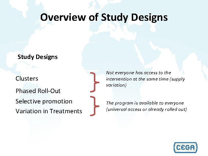 Overview of Study Designs Clusters Phased Roll-Out Selective promotion Variation in Treatments Not everyone