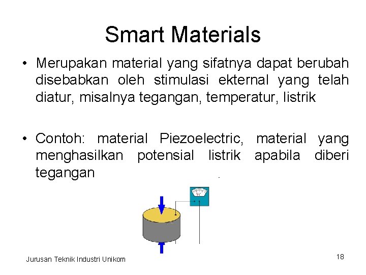 Smart Materials • Merupakan material yang sifatnya dapat berubah disebabkan oleh stimulasi ekternal yang