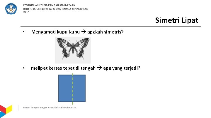 Simetri Lipat • Mengamati kupu-kupu apakah simetris? • melipat kertas tepat di tengah apa