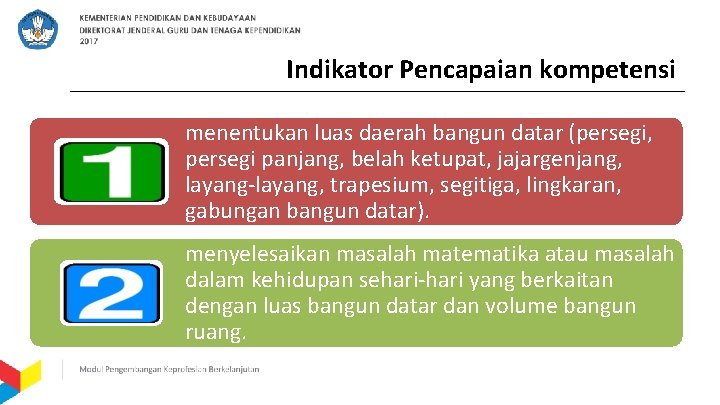 Indikator Pencapaian kompetensi menentukan luas daerah bangun datar (persegi, persegi panjang, belah ketupat, jajargenjang,