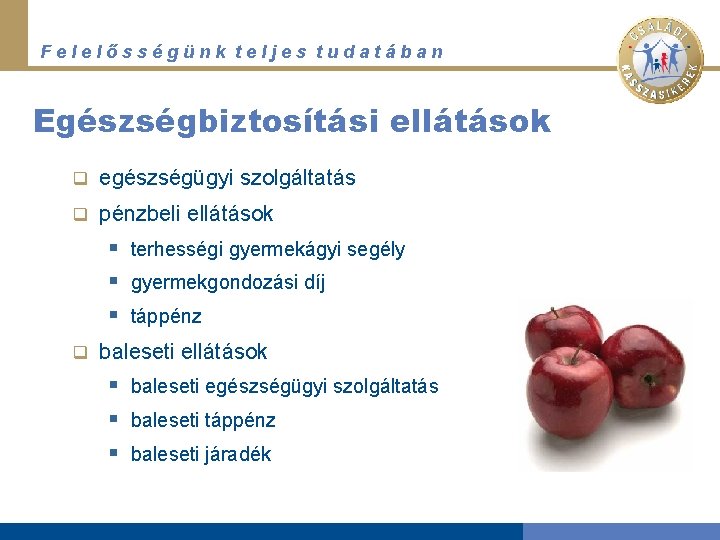 Felelősségünk teljes tudatában Egészségbiztosítási ellátások q egészségügyi szolgáltatás q pénzbeli ellátások § terhességi gyermekágyi