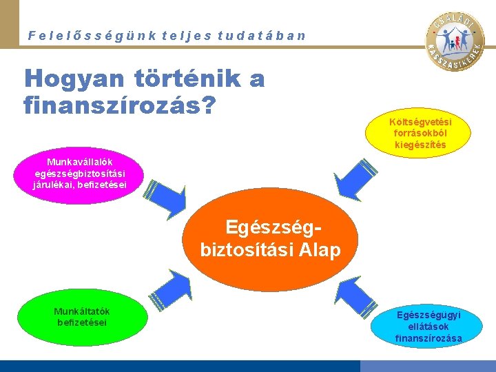 Felelősségünk teljes tudatában Hogyan történik a finanszírozás? Költségvetési forrásokból kiegészítés Munkavállalók egészségbiztosítási járulékai, befizetései