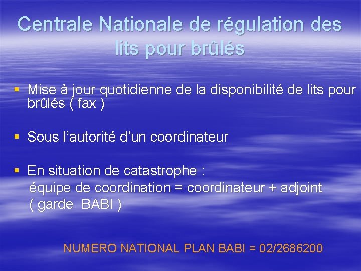 Centrale Nationale de régulation des lits pour brûlés § Mise à jour quotidienne de