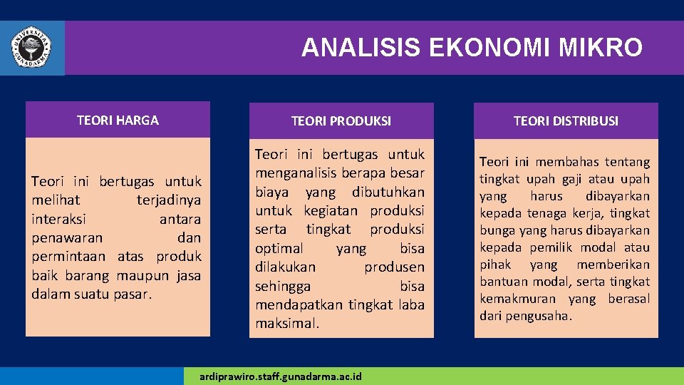 ANALISIS EKONOMI MIKRO TEORI HARGA TEORI PRODUKSI TEORI DISTRIBUSI Teori ini bertugas untuk melihat