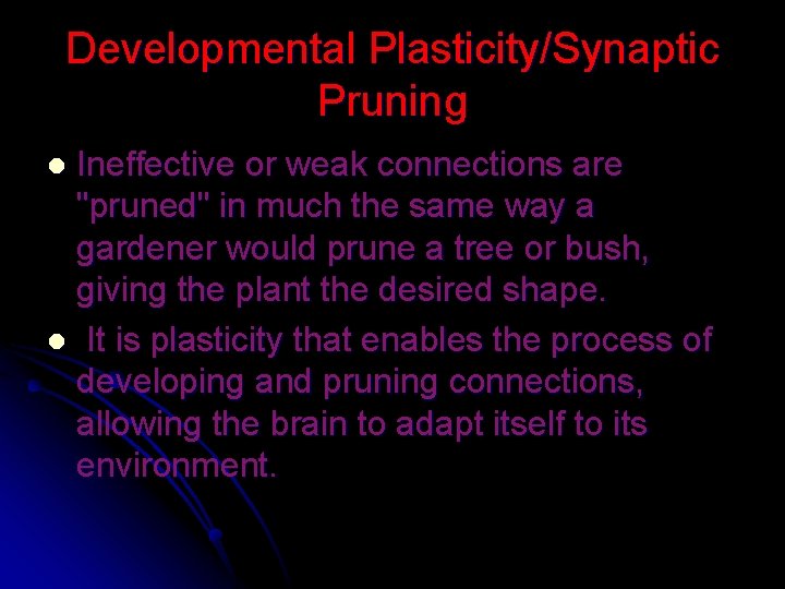 Developmental Plasticity/Synaptic Pruning Ineffective or weak connections are "pruned" in much the same way