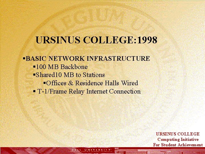  URSINUS COLLEGE: 1998 §BASIC NETWORK INFRASTRUCTURE § 100 MB Backbone §Shared 10 MB