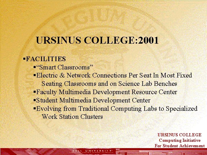  URSINUS COLLEGE: 2001 §FACILITIES §“Smart Classrooms” §Electric & Network Connections Per Seat In