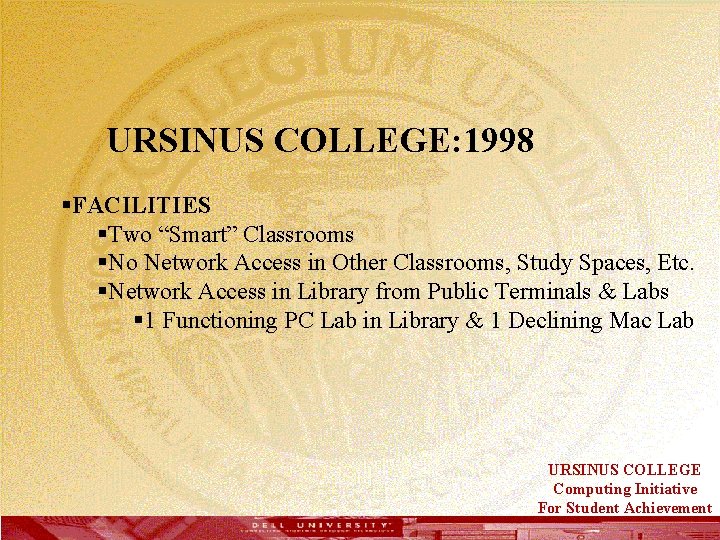  URSINUS COLLEGE: 1998 §FACILITIES §Two “Smart” Classrooms §No Network Access in Other Classrooms,
