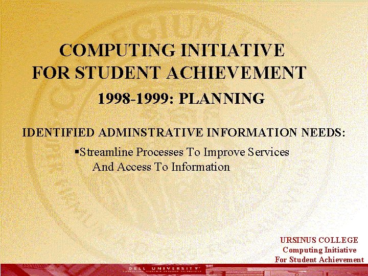  COMPUTING INITIATIVE FOR STUDENT ACHIEVEMENT 1998 -1999: PLANNING IDENTIFIED ADMINSTRATIVE INFORMATION NEEDS: §Streamline