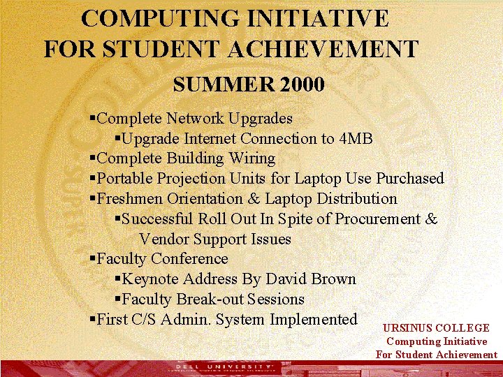  COMPUTING INITIATIVE FOR STUDENT ACHIEVEMENT SUMMER 2000 §Complete Network Upgrades §Upgrade Internet Connection