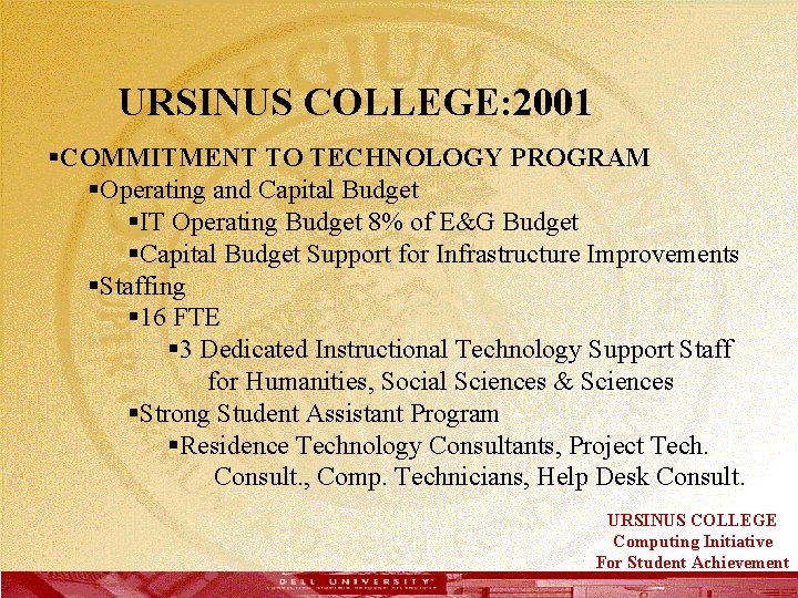  URSINUS COLLEGE: 2001 §COMMITMENT TO TECHNOLOGY PROGRAM §Operating and Capital Budget §IT Operating