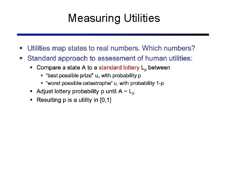 Measuring Utilities Best possible prize Worst possible catastrophe 