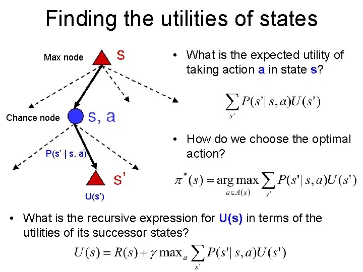 Finding the utilities of states • What is the expected utility of taking action