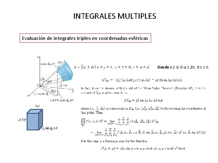 INTEGRALES MULTIPLES Evaluación de integrales triples en coordenadas esféricas Donde a ≥ 0, β-α