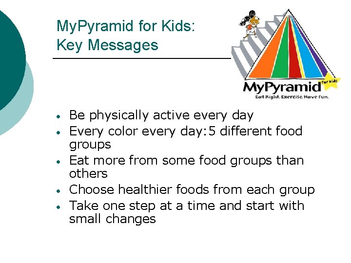 My. Pyramid for Kids: Key Messages • • • Be physically active every day