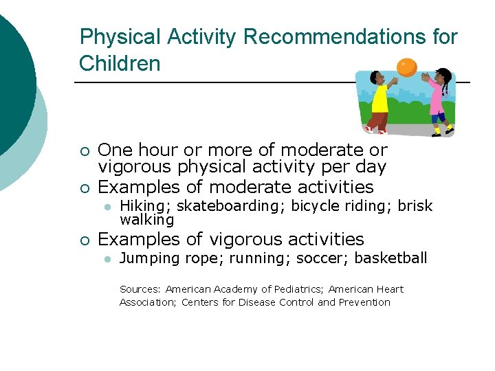 Physical Activity Recommendations for Children ¡ ¡ One hour or more of moderate or