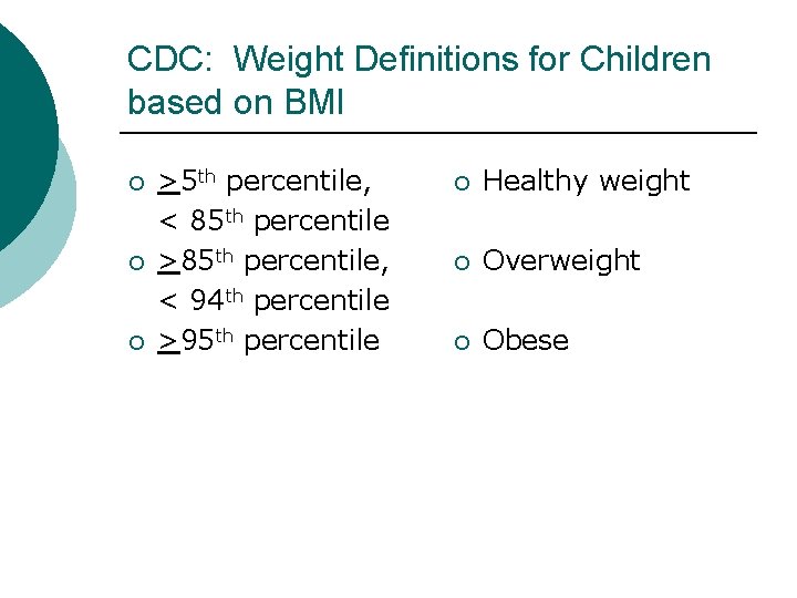 CDC: Weight Definitions for Children based on BMI ¡ ¡ ¡ >5 th percentile,