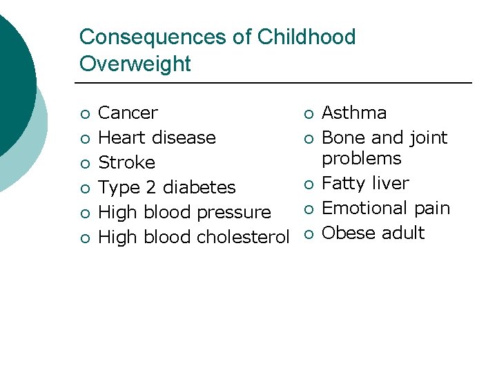 Consequences of Childhood Overweight ¡ ¡ ¡ Cancer Heart disease Stroke Type 2 diabetes