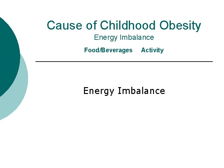 Cause of Childhood Obesity Energy Imbalance Food/Beverages Activity Energy Imbalance 