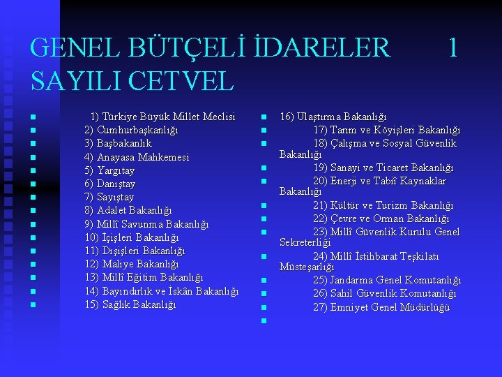 GENEL BÜTÇELİ İDARELER 1 SAYILI CETVEL n n n n 1) Türkiye Büyük Millet