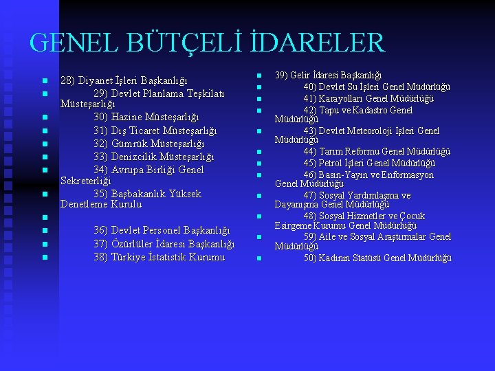 GENEL BÜTÇELİ İDARELER n n n 28) Diyanet İşleri Başkanlığı 29) Devlet Planlama Teşkilatı