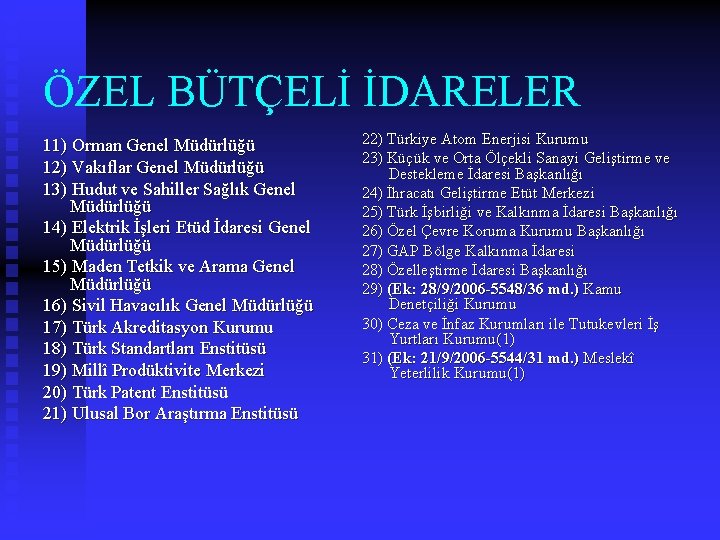 ÖZEL BÜTÇELİ İDARELER 11) Orman Genel Müdürlüğü 12) Vakıflar Genel Müdürlüğü 13) Hudut ve