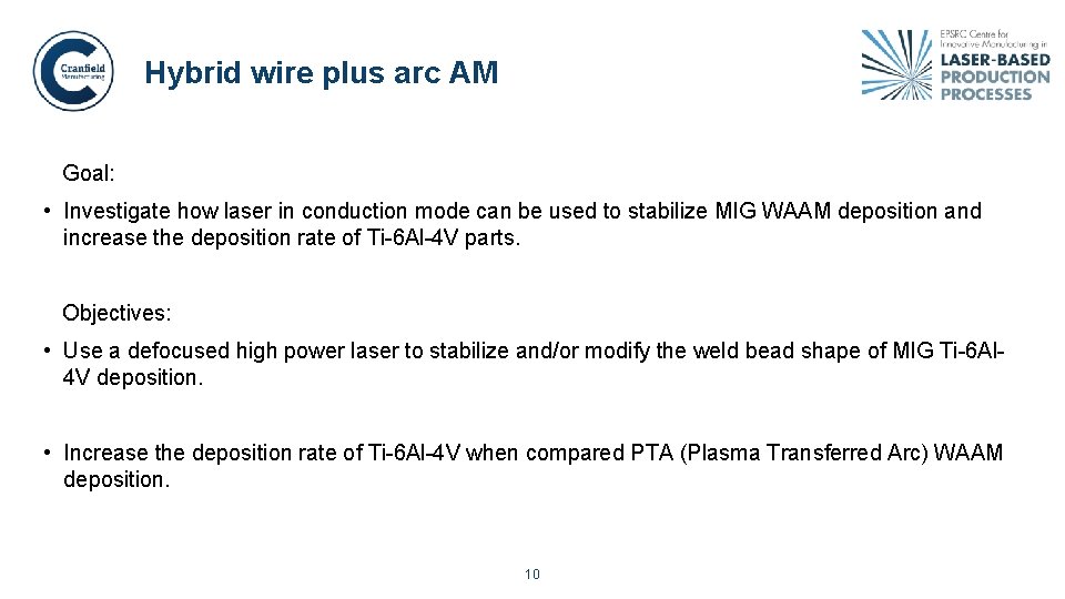 Hybrid wire plus arc AM Goal: • Investigate how laser in conduction mode can