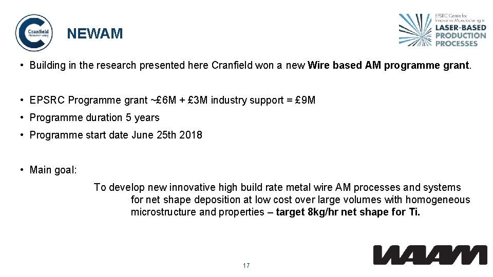 NEWAM • Building in the research presented here Cranfield won a new Wire based