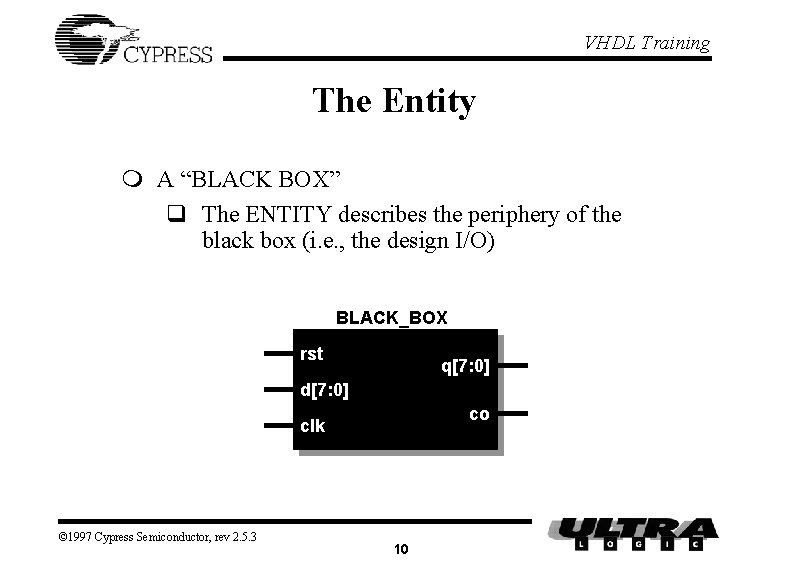 VHDL Training The Entity m A “BLACK BOX” q The ENTITY describes the periphery