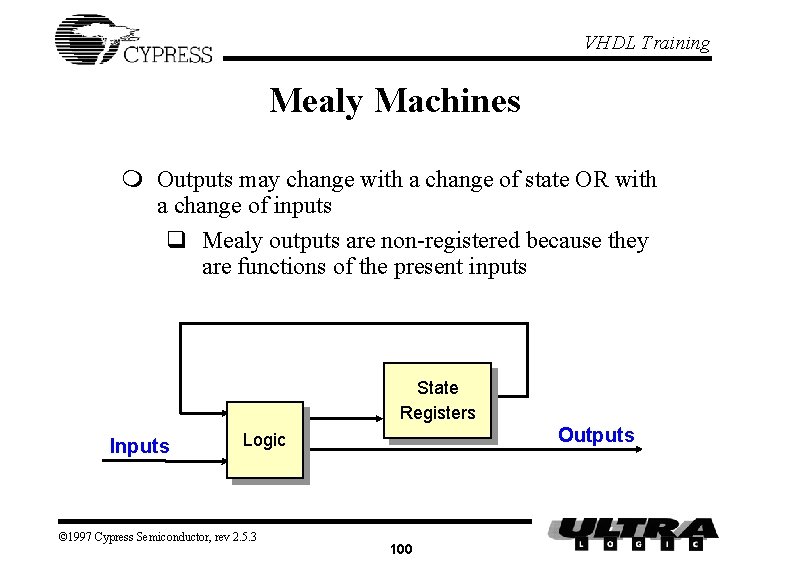 VHDL Training Mealy Machines m Outputs may change with a change of state OR